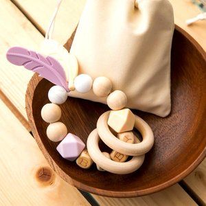 Feather Dream Catcher Baby Teething Ring, Silicone & Beech Wood, Montessori Toy